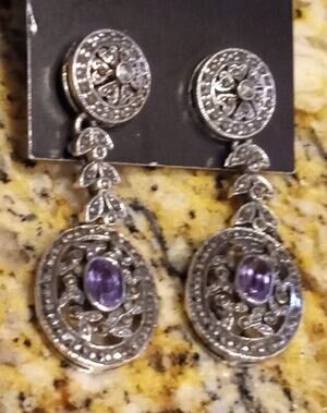 925 Silver - Vintage Victorian Amethyst & Marcasite Dangle Earrings